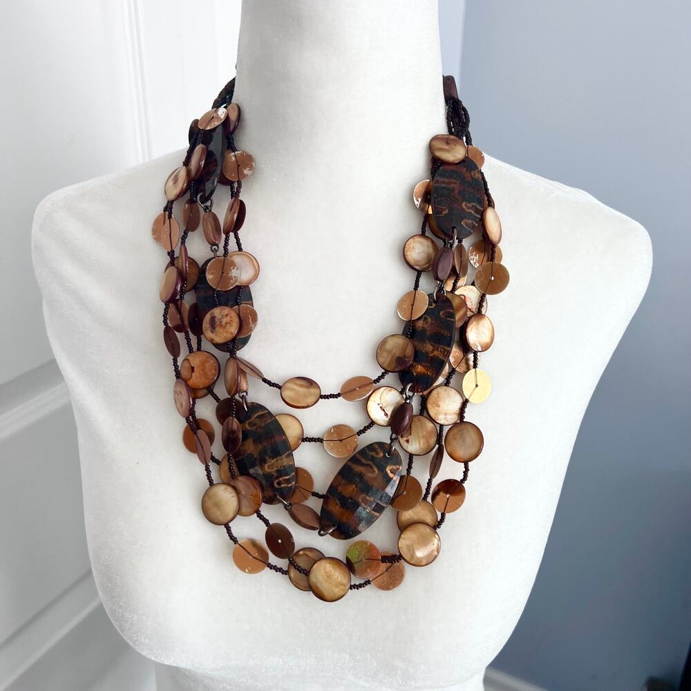 Chico's Brown Multistrand Chunky Disc and Bead Statement Necklace